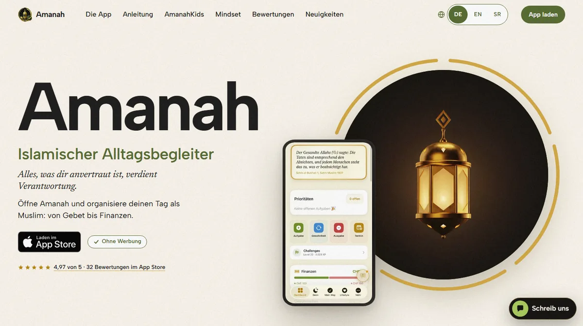 Startseite der Website Amanah mit iPhone-App